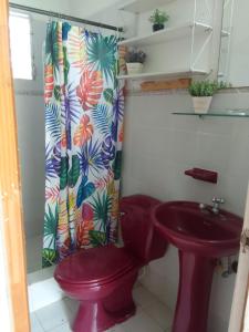 a bathroom with a purple toilet and a sink at La Cima del Cielo in Las Lajas