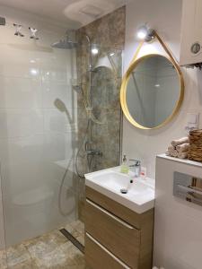 a bathroom with a shower and a sink and a mirror at Apartament Saski in Sandomierz