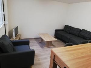 - un salon avec deux canapés et une table basse dans l'établissement L'appart des Sotrés, à Saint-Dié-des-Vosges