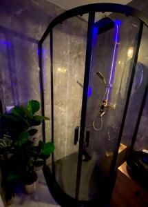 prysznic ze szklanymi drzwiami obok rośliny w obiekcie Widok na Morze Porta Mare - Apartament 339 w Dziwnówku
