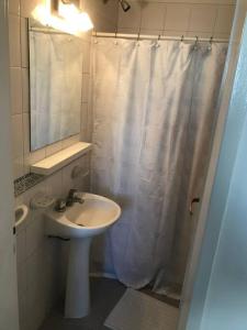 baño con cortina de ducha blanca y lavamanos en Monoambiente céntrico en Tandil