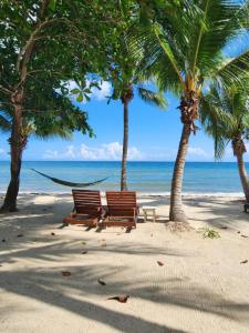 two benches on a beach with palm trees and the ocean at Maya Beach Hotel in Maya Beach