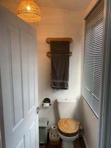 a bathroom with a toilet with a wooden seat at Countryside Garden Summer House in Calne
