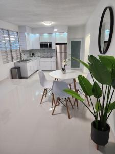 una cocina blanca con mesa y maceta en San Juan Home en San Juan