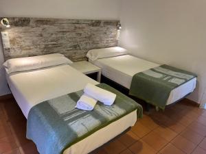 Habitación con 2 camas y toallas. en Casa de Huéspedes Almansa, en Madrid