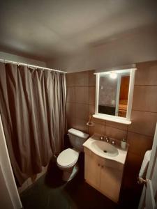 a bathroom with a toilet and a sink and a window at Cabaña en el bosque de Llanos del Castor in Ushuaia +69 photos