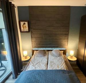 - une chambre avec un lit et 2 lampes dans l'établissement Apartament Kamila Ostróda, à Ostróda