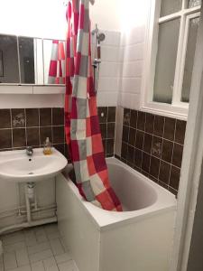 baño con cortina de ducha roja y blanca y lavamanos en Beau appartement,proche de métro en París