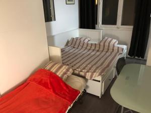 2 camas en una habitación con manta roja en Beau appartement,proche de métro en París