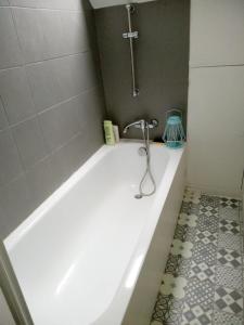 La salle de bains est pourvue d'une baignoire et d'une douche. dans l'établissement Paisible duplex au centre-ville, au Mans