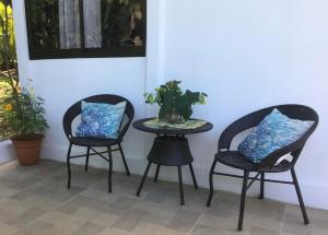 Dos sillas y una mesa con una planta. en Casa Girasol, en Puerto Viejo