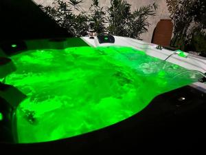 a green bath tub covered in green water at Seafront OnCall - private jacuzzi with 4 cozy bedrooms in San Juan