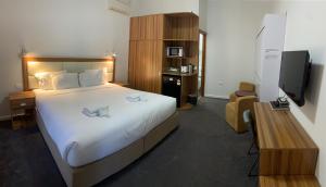 Habitación de hotel con cama y TV en Miner's Retreat Motel, en Ballarat