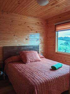 1 dormitorio con 1 cama en una cabaña de madera en Cabaña doña Tita, en Punahuel