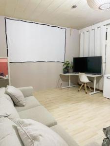 salon z kanapą i dużym ekranem w obiekcie Central appartment Waschmaschine w mieście Duisburg