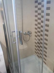 a shower with a glass door in a bathroom at Triopetra View 2 in Triopetra