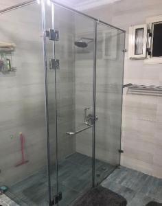 a shower with a glass door in a bathroom at Cozy in Giza 2 bedroom apartment in Cairo