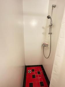 a bathroom with a shower with a red tile floor at An elegant studio apartment in Reykjavik - Great Location in Reykjavík