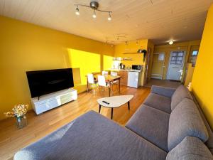 a living room with a couch and a table at An elegant studio apartment in Reykjavik - Great Location in Reykjavík