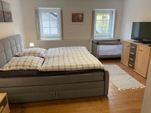 a bedroom with a bed and a television in it at Am Osterberg in Büdesheim