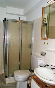 a bathroom with a shower and a toilet and a sink at Haus Seehütte Seehütte Haus 2 Wohnung 103 in Cuxhaven