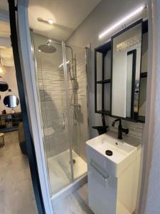 塞特港的住宿－Studio industriel proche gare，带淋浴、卫生间和盥洗盆的浴室