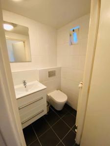 La salle de bains blanche est pourvue d'un lavabo et de toilettes. dans l'établissement Vakantiehuis Robbenoort 18, à Lauwersoog