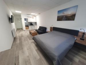 ein Schlafzimmer mit einem Bett und ein Wohnzimmer in der Unterkunft Hotel FeWo-HM in Ramstein-Miesenbach