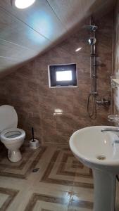 a bathroom with a sink toilet and a tv on the wall at Agro House Mezge - აგროსახლი მეზგე in Bashkʼo +66 photos