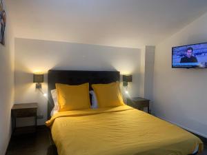 a bedroom with a bed with yellow sheets and a flat screen tv at Le Mazet, studio avec terrasse et spa in Saint Alban Auriolles