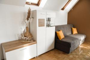uma sala de estar com um sofá e uma mesa em Miadora apartments - Apartma Bela štorklja em Moravske-Toplice