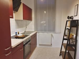 a kitchen with a sink and a stove top oven at "HOGULU" Brandenurg Neustadt, Balkon, Küche, Wassernähe in Brandenburg an der Havel