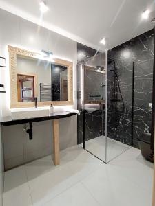 W łazience znajduje się umywalka i prysznic. w obiekcie Chochołowskie Zacisze przy Termach - Apartamenty i Pokoje w Chochołowie