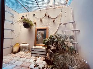 a room with a mirror and a potted plant at Hirschzimmer & Strandzimmer in Utting am Ammersee