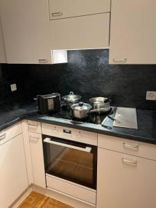 a kitchen with two pots and pans on a stove at Castle View Big Appartment Vaduz Center in Vaduz