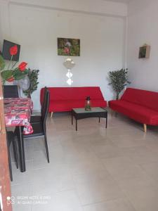a living room with a red couch and a table at L'étonnant F3 Joris in Saint-Pierre