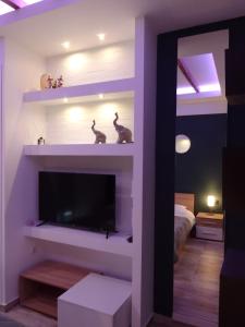 a living room with a tv and a wall with shelves at Petit Apartment - City Center - GORGOPOTAMOU 1 in Veria