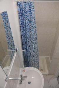 a bathroom with a toilet and a blue shower curtain at Cosy Chic Studio in King's Cross in London
