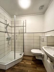 y baño con ducha, aseo y lavamanos. en Kleines Bahnhofshotel (Gästezimmer), en Greifenstein