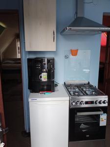 a small kitchen with a stove and a microwave at Uroczy apartament in Krakow