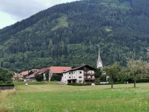 a house in the middle of a field with a church at Apartment - Ferienwohnung 1 Treffen am Ossiachersee in Treffen