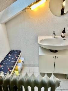 Dielheim的住宿－Ihr Zuhause im Herzen von Baden，浴室配有盥洗盆和带毛巾的长凳