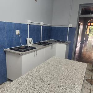 a kitchen with white counters and a blue wall at Msunduzi River View backpackers in Pietermaritzburg