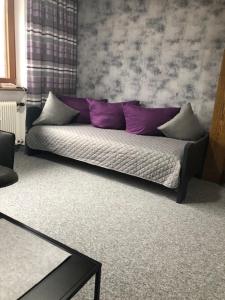 a couch with purple pillows in a living room at Haus Hubertus Pitztal Winterbuchung für Wintersaison oder Sommerbuchung mit Sommercard möglich in Jerzens