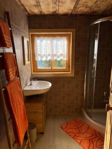 ein Bad mit einem Waschbecken, einer Dusche und einem Fenster in der Unterkunft Kilge Alm in Großkirchheim