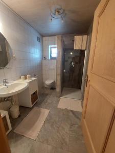 een badkamer met een douche, een wastafel en een toilet bij Haus Manuela sonnige Aussicht mit Bergpanorama inkl NATIONALPARK CARD in Rauris