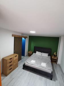a bedroom with a bed and a green wall at Noah Apartment in Uricani