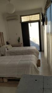 1 dormitorio con 2 camas y ventana grande en eco veggie en Esperanza