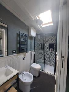 La salle de bains est pourvue de toilettes, d'un lavabo et d'une douche. dans l'établissement Casa Vacanze Malvarosa, à Spigno Saturnia