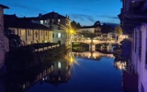 a view of a river with buildings and a bridge at La vita e bella in Saint-Jean-Pied-de-Port